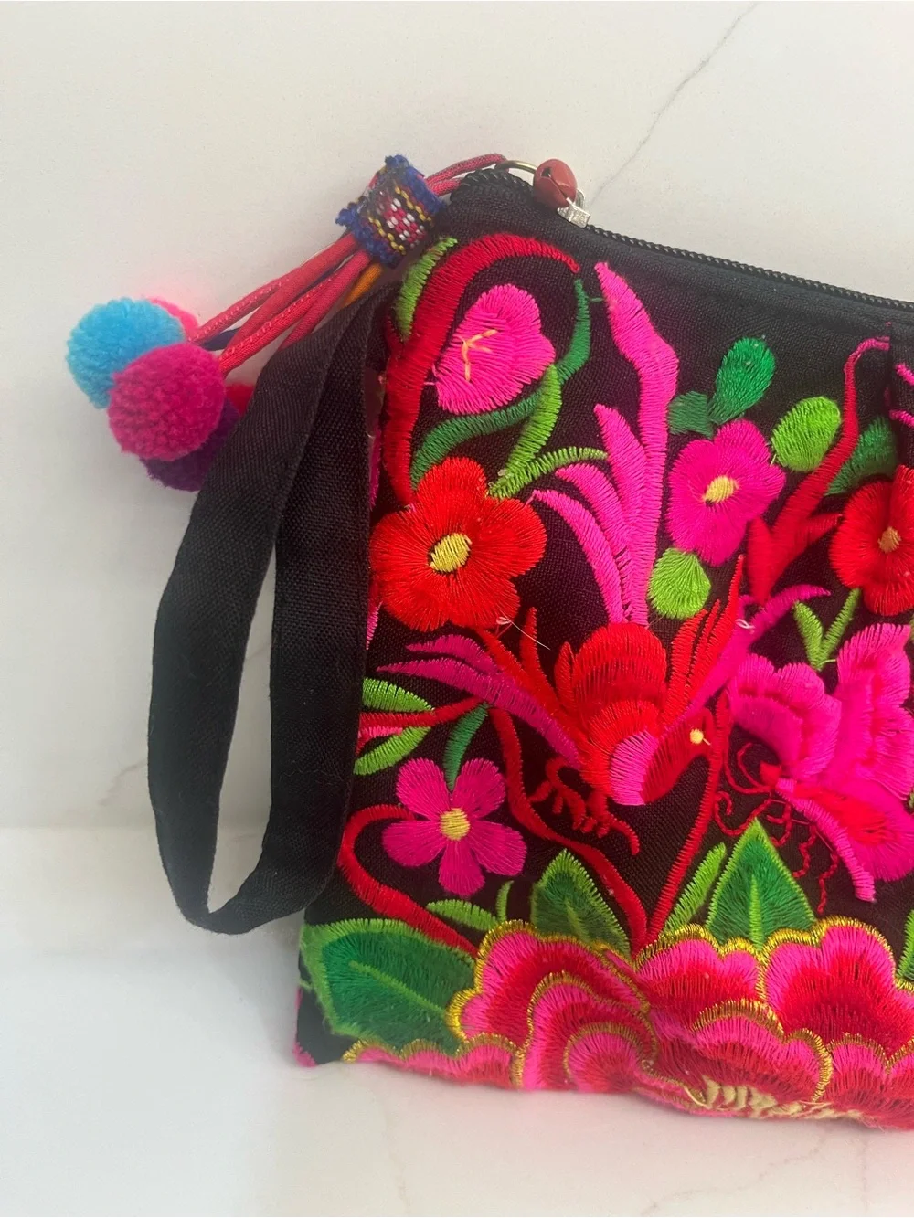 Boho Embroidered Floral Wristlet Clutch | Pom Pom Tassel | Artisan